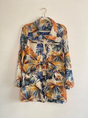 Chico's Tropical Print Linen Button-Down Tunic Jacket With Adjustable Waist Sz 0